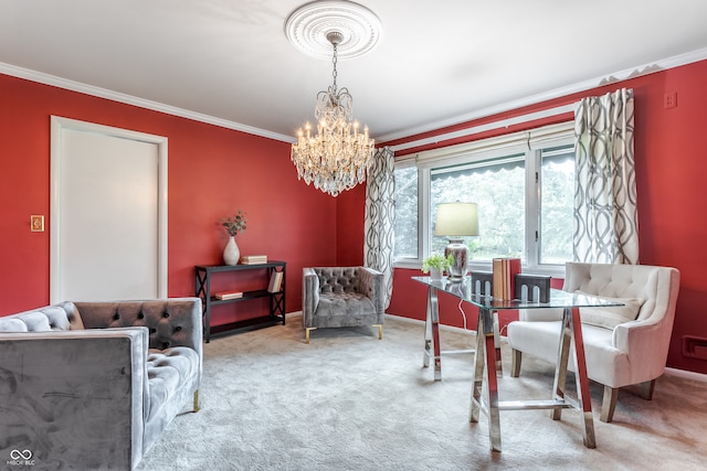 interior space featuring carpet floors, ornamental molding, and an inviting chandelier