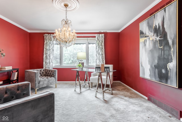 home office featuring carpet floors, an inviting chandelier, and ornamental molding