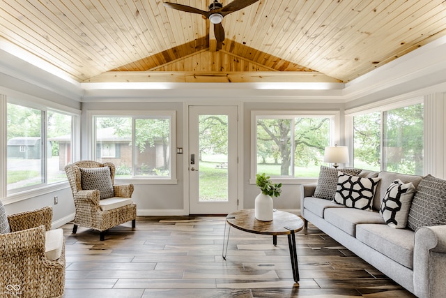 sunroom / solarium with lofted ceiling with beams, ceiling fan, and wooden ceiling