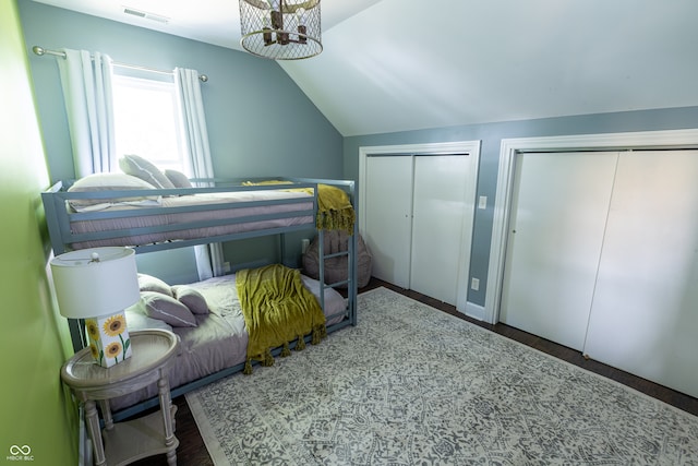 bedroom featuring two closets, vaulted ceiling, and hardwood / wood-style flooring