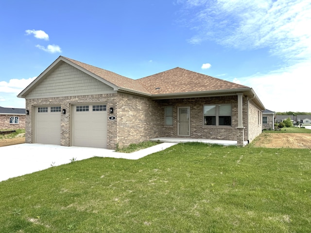 ranch-style house with concrete driveway, brick siding, a front lawn, and roof with shingles