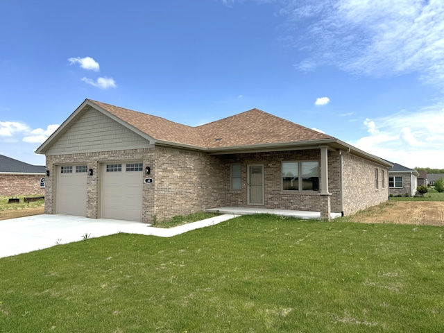 ranch-style home with brick siding, roof with shingles, a front yard, a garage, and driveway