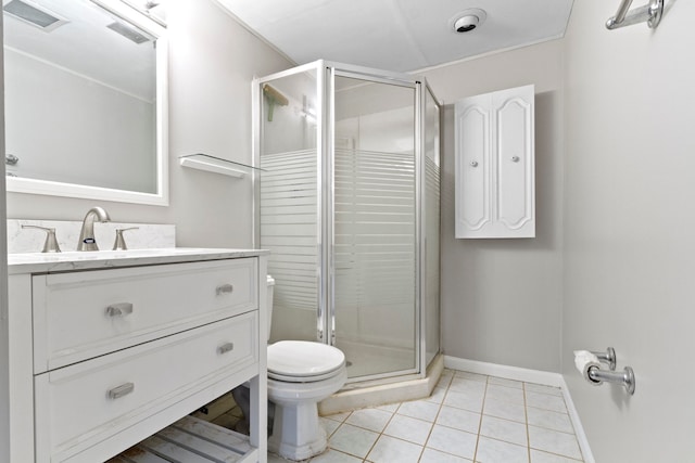 bathroom with walk in shower, toilet, vanity, and tile patterned flooring