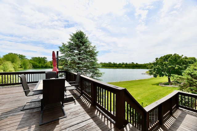 wooden terrace featuring a yard and a water view