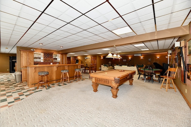 rec room featuring light carpet, pool table, and indoor bar