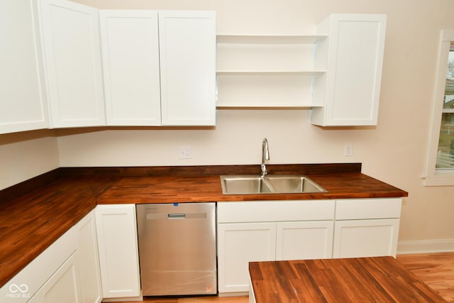 547 Udell St, Indianapolis, IN 46208 - kitchen with butcher block countertops, dishwasher, a sink, and open shelves