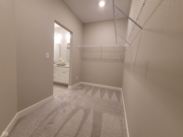 spacious closet featuring light carpet