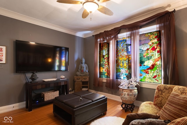 living room featuring light hardwood / wood-style flooring, ceiling fan, and ornamental molding