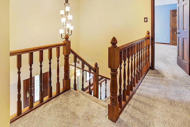 staircase featuring carpet floors