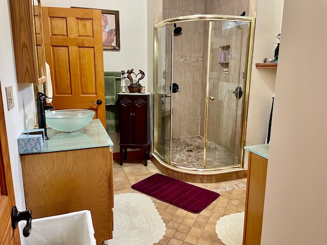 bathroom with a shower with door and vanity