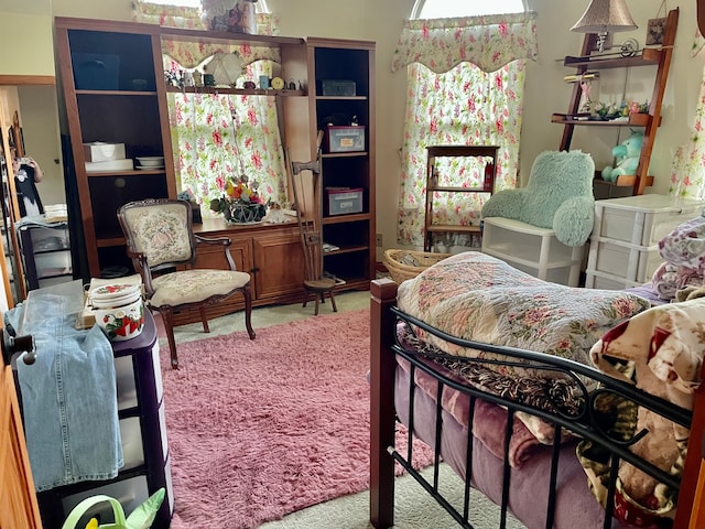 bedroom featuring light carpet