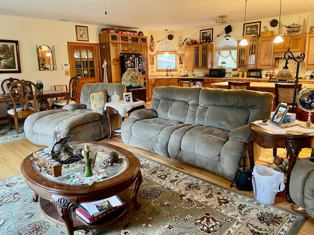 living room with light hardwood / wood-style flooring and sink