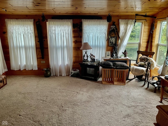 living area with wooden walls, carpet, and wooden ceiling