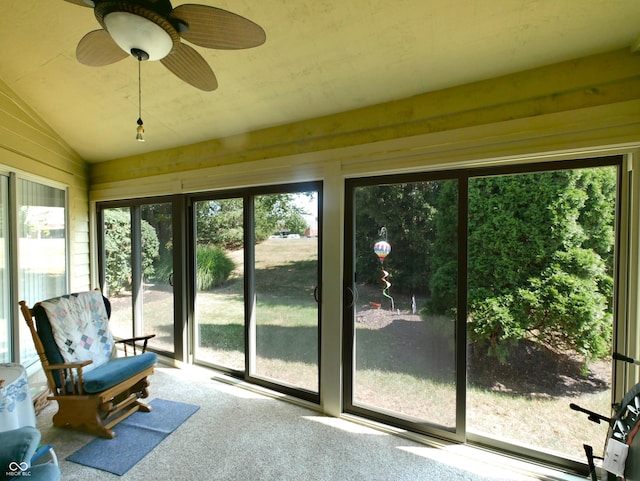 unfurnished sunroom featuring ceiling fan, plenty of natural light, and vaulted ceiling