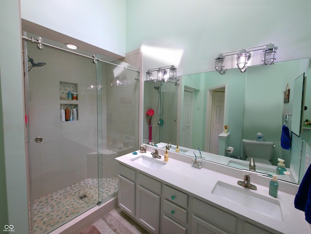 bathroom with walk in shower, vanity, and toilet