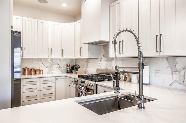 kitchen with appliances with stainless steel finishes, premium range hood, white cabinets, and tasteful backsplash