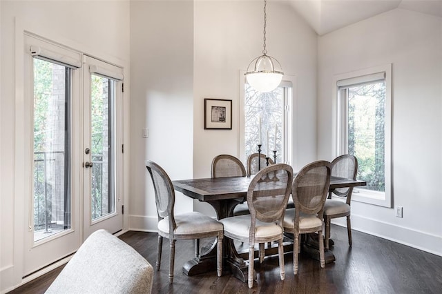 dining space featuring plenty of natural light, dark hardwood / wood-style flooring, and lofted ceiling