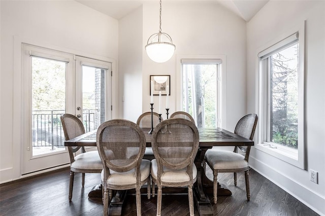 dining room featuring vaulted ceiling, a wealth of natural light, french doors, and dark hardwood / wood-style flooring