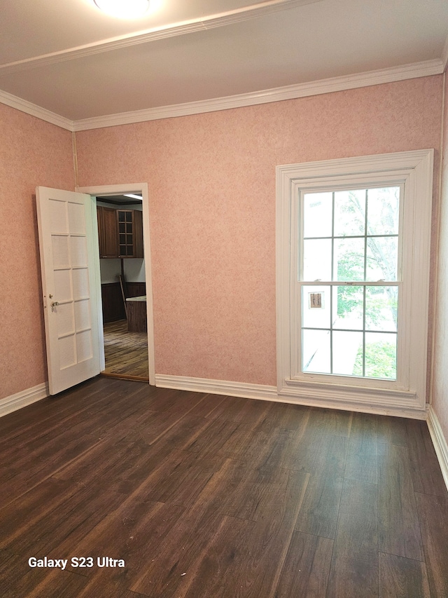 empty room with crown molding and dark wood-type flooring