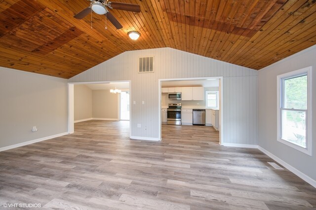 unfurnished living room featuring lofted ceiling, light hardwood / wood-style floors, wood ceiling, and ceiling fan with notable chandelier