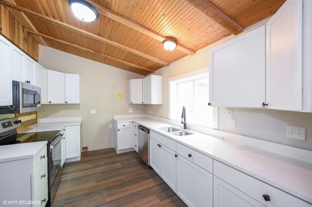 kitchen with dark hardwood / wood-style floors, stainless steel appliances, wood ceiling, sink, and lofted ceiling