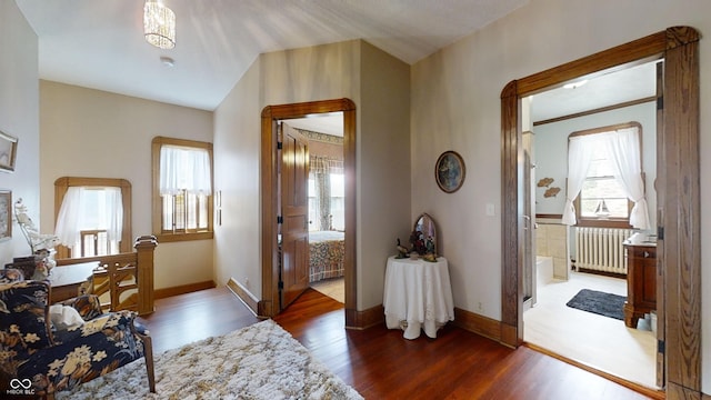 foyer entrance featuring radiator heating unit and wood-type flooring