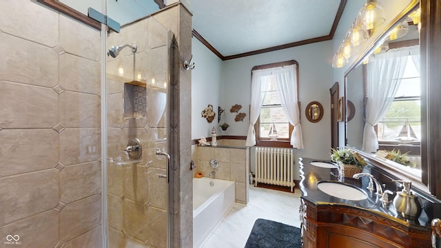 bathroom featuring oversized vanity, tile floors, radiator, ornamental molding, and plus walk in shower