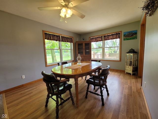 dining space with hardwood / wood-style flooring and ceiling fan