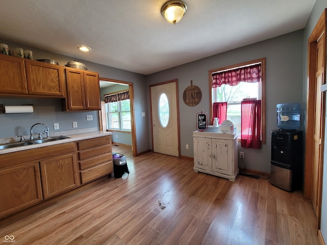 kitchen with sink, light hardwood / wood-style floors, a textured ceiling, and a healthy amount of sunlight