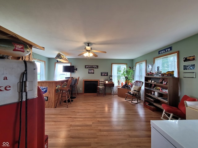 living room with ceiling fan, a healthy amount of sunlight, and wood-type flooring