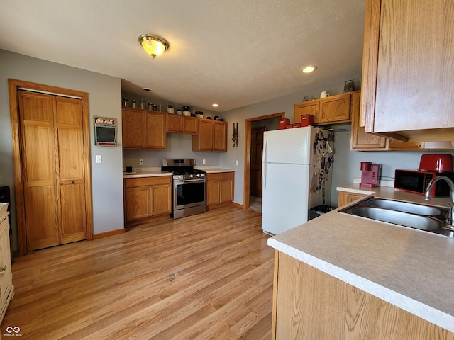 kitchen with sink, light wood-type flooring, and appliances with stainless steel finishes