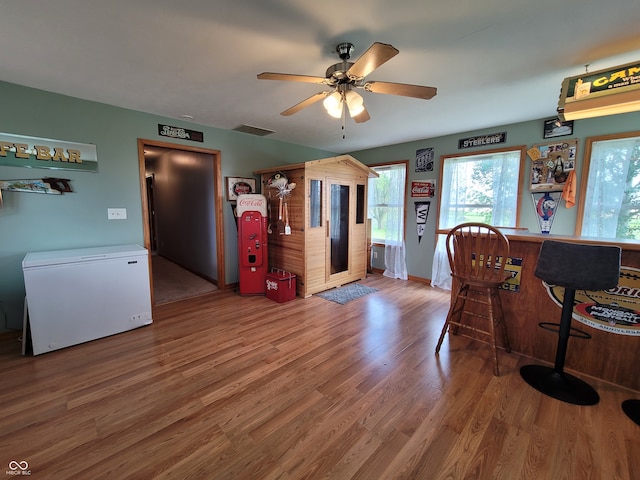 dining space with ceiling fan and hardwood / wood-style floors