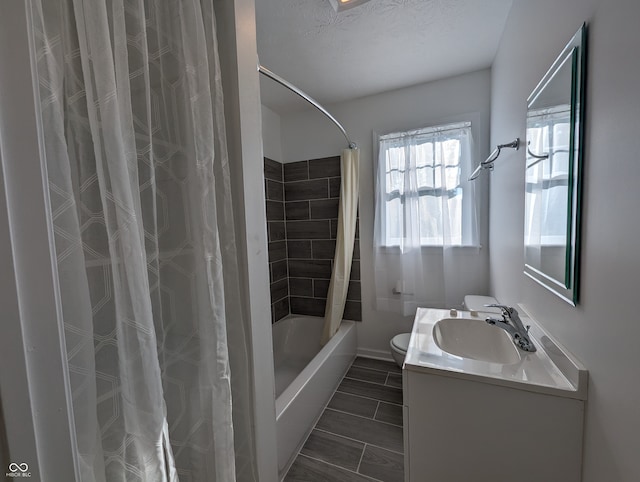 full bathroom with tile floors, vanity, toilet, and shower / bathtub combination with curtain