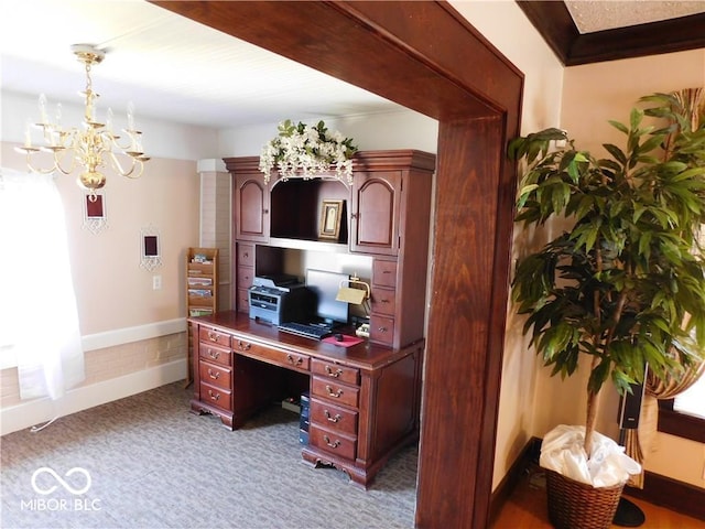 office area with a chandelier