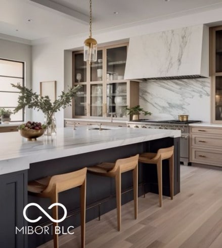 kitchen with a kitchen breakfast bar, premium range hood, tasteful backsplash, and high end stove