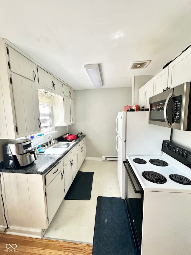 kitchen with white cabinetry, white electric stove, light hardwood / wood-style flooring, sink, and baseboard heating