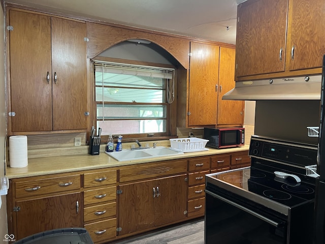 kitchen with sink, electric range, and light hardwood / wood-style floors