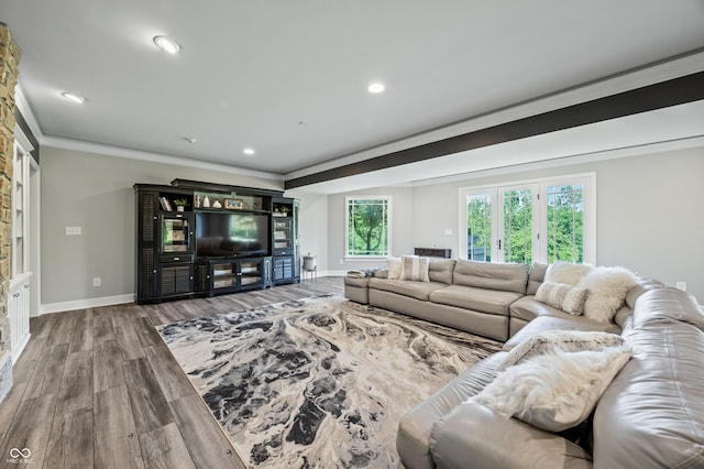 living room featuring hardwood / wood-style flooring and ornamental molding