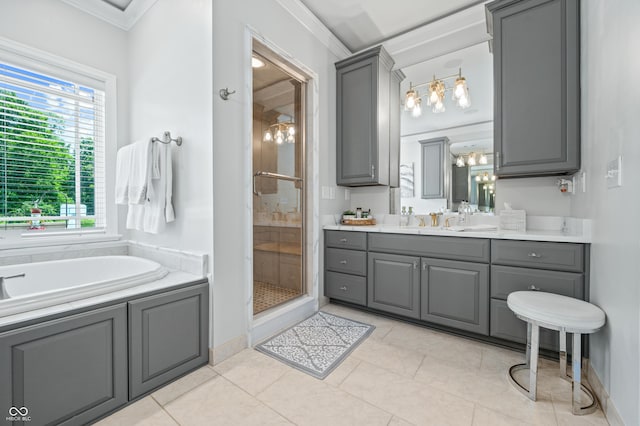 bathroom with vanity, tile patterned flooring, plus walk in shower, and ornamental molding