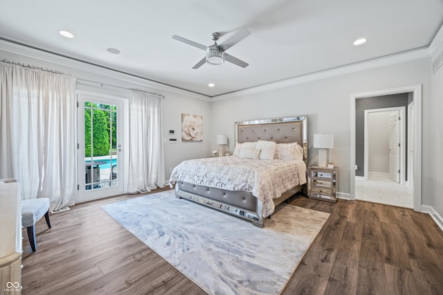 bedroom featuring access to outside, ceiling fan, crown molding, and dark wood-type flooring