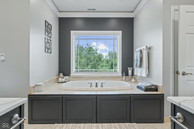 bathroom with vanity, a bath, and ornamental molding