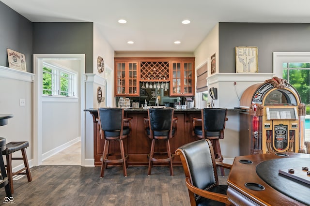 bar featuring dark wood-type flooring, a wealth of natural light, and dark stone counters