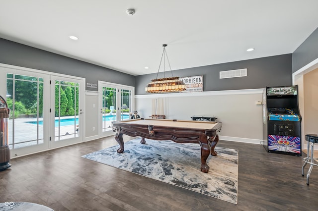 game room featuring dark wood-type flooring, billiards, and french doors