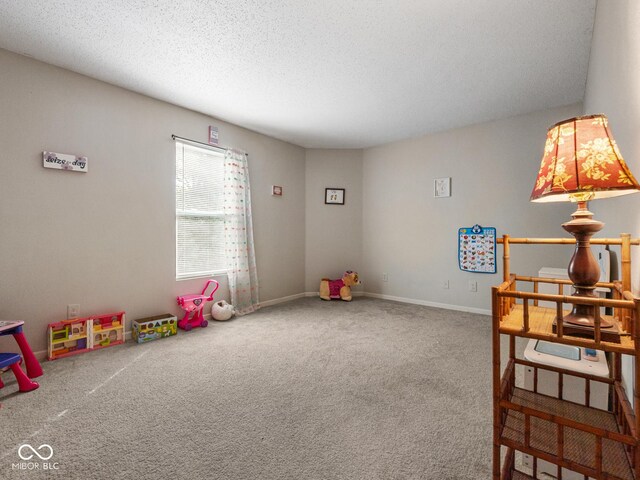 rec room with carpet and a textured ceiling