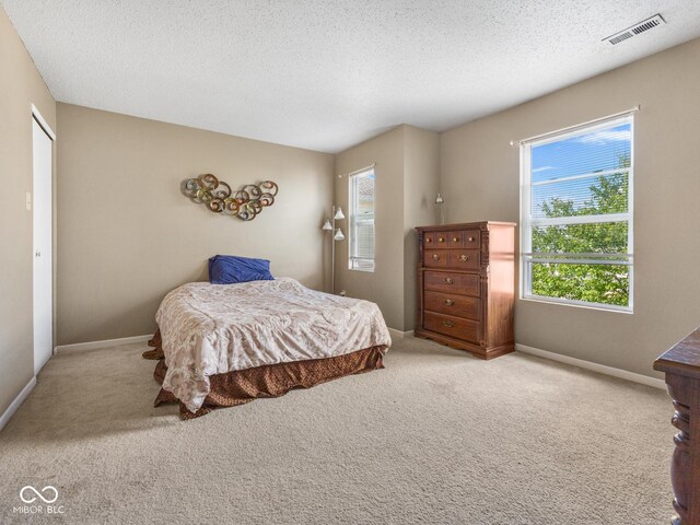 bedroom featuring light colored carpet and a textured ceiling