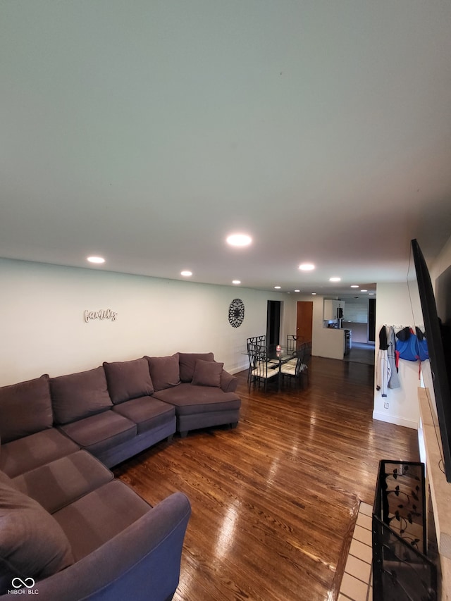 living room with dark hardwood / wood-style floors