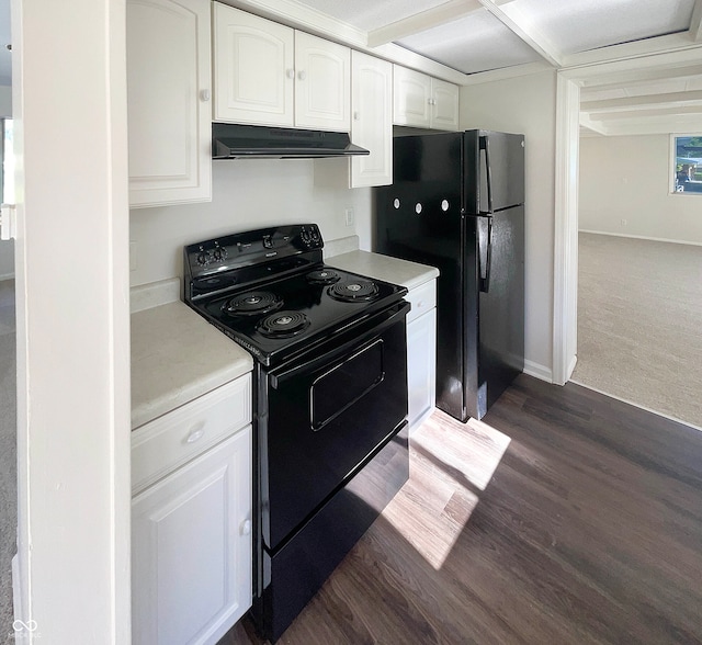 kitchen with white cabinets, black appliances, and dark hardwood / wood-style floors