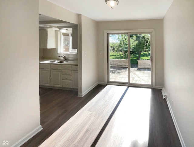 unfurnished dining area with dark hardwood / wood-style flooring and sink