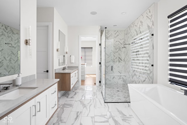 bathroom featuring shower with separate bathtub, vanity, and radiator