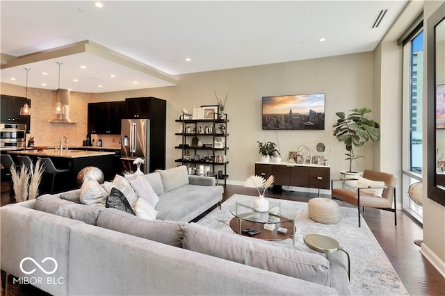 living room featuring sink and dark wood-type flooring